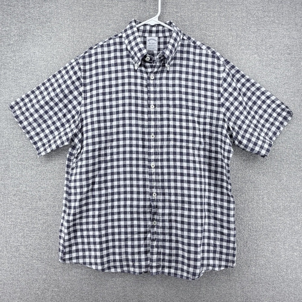 Brooks Brothers Regent Fit Shirt Men Large Blue Check Baird McNutt Irish Linen